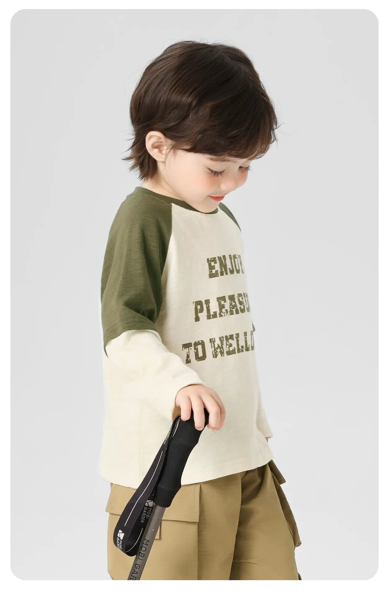 Boy's Pure Cotton Long Sleeve T-Shirt Green Cream Spring Autumn Style — feature 13