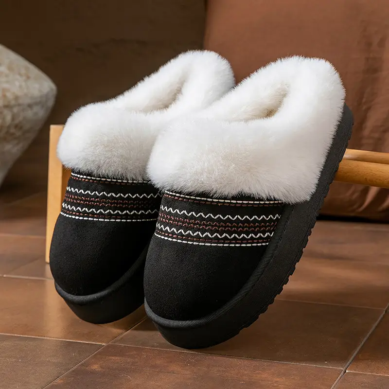 Women Winter Warm Stuffed Cotton Slippers Black Brown - Image 3