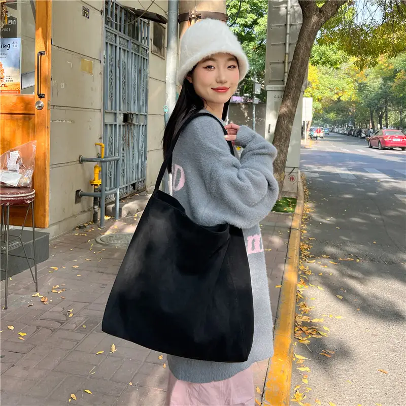 Women's Large Capacity Woolen Tote Bag Brown New Autumn Winter - Image 6