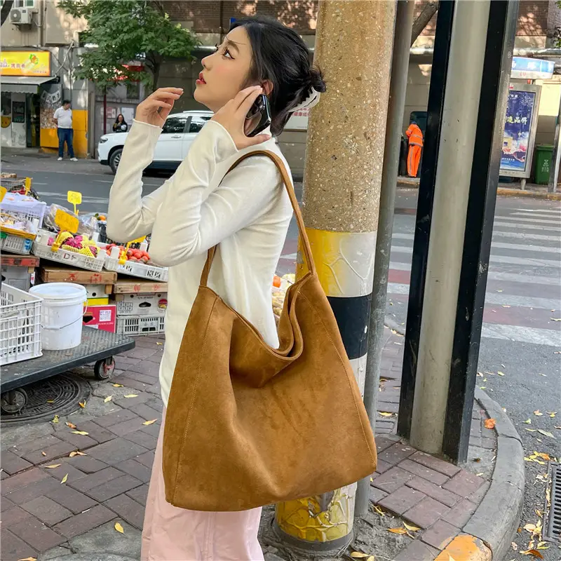 Women's Large Capacity Woolen Tote Bag Brown New Autumn Winter - Image 7