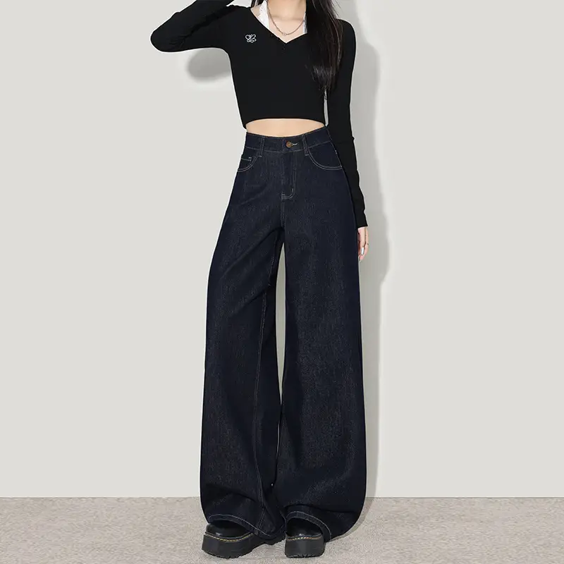 Wide Leg Jeans Women Dark Blue Four Way Stretch