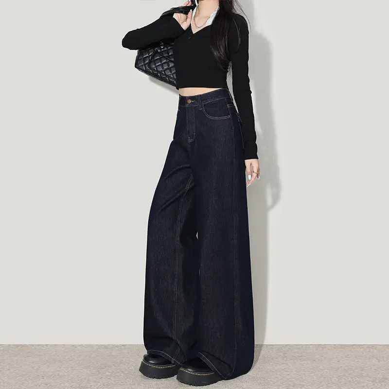 Wide Leg Jeans Women Dark Blue Four Way Stretch