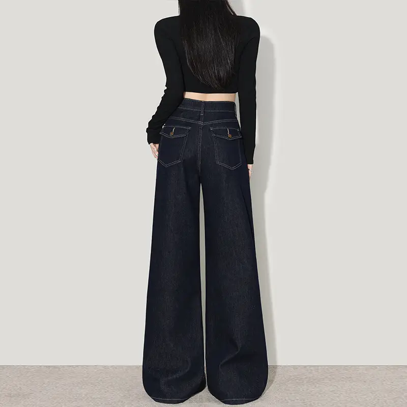 Wide Leg Jeans Women Dark Blue Four Way Stretch
