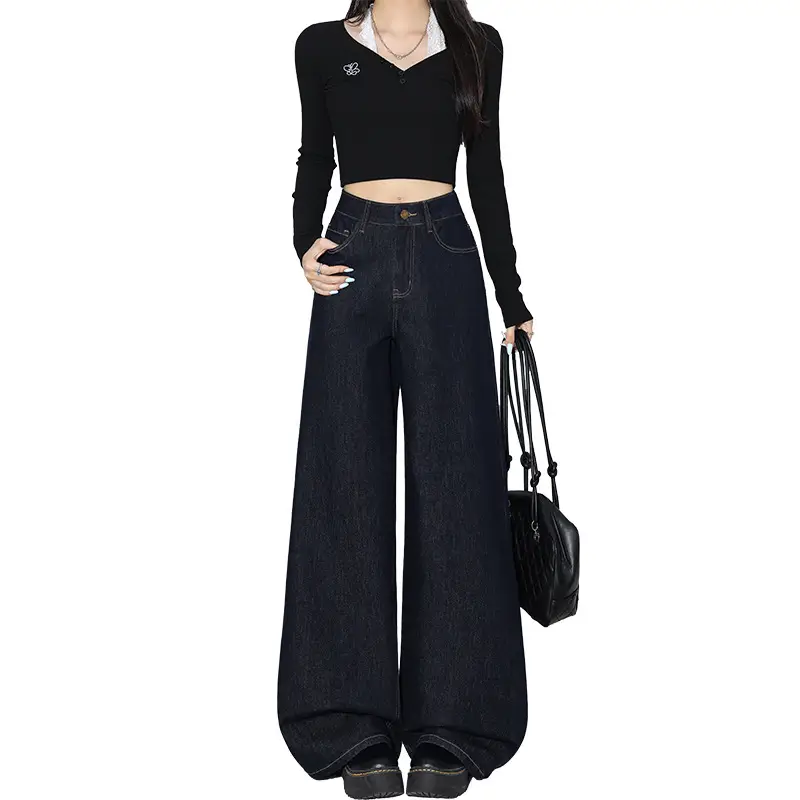 Wide Leg Jeans Women Dark Blue Four Way Stretch