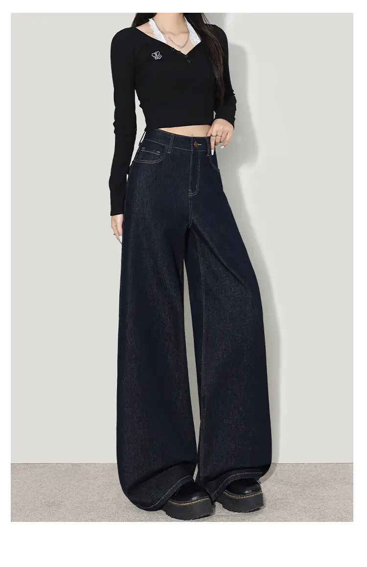 Wide Leg Jeans Women Dark Blue Four Way Stretch — feature 11