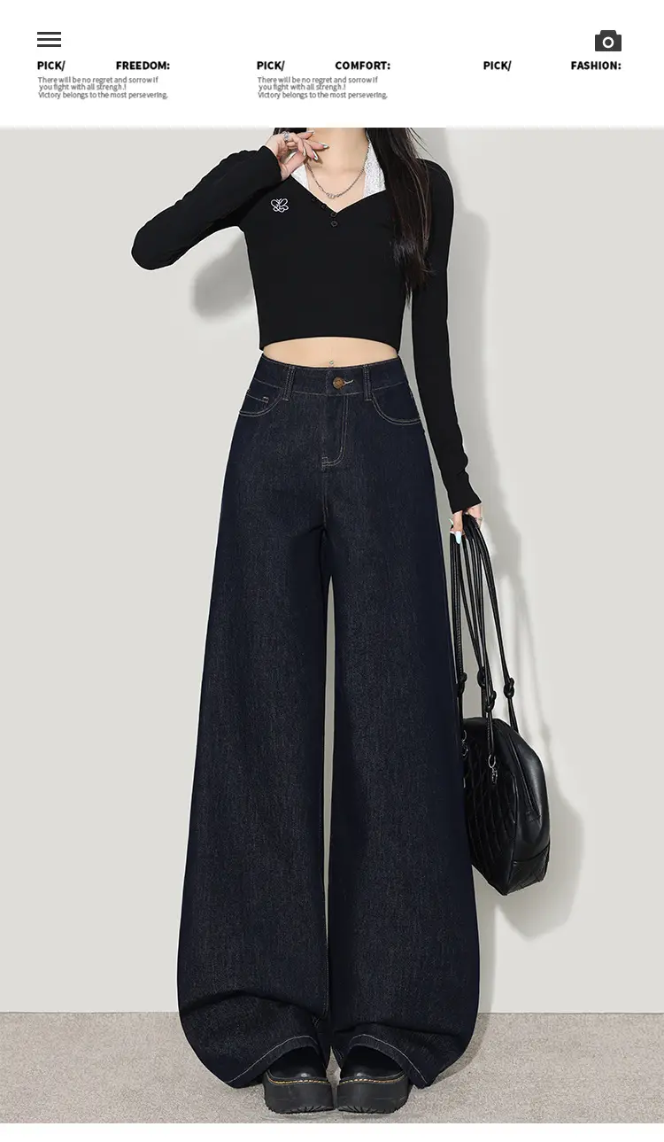 Wide Leg Jeans Women Dark Blue Four Way Stretch — feature 3