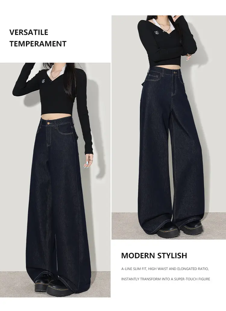 Wide Leg Jeans Women Dark Blue Four Way Stretch — feature 8
