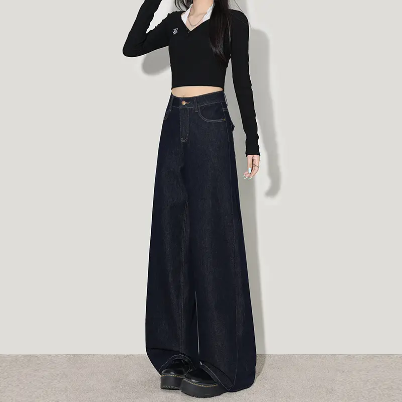 Wide Leg Jeans Women Dark Blue Four Way Stretch