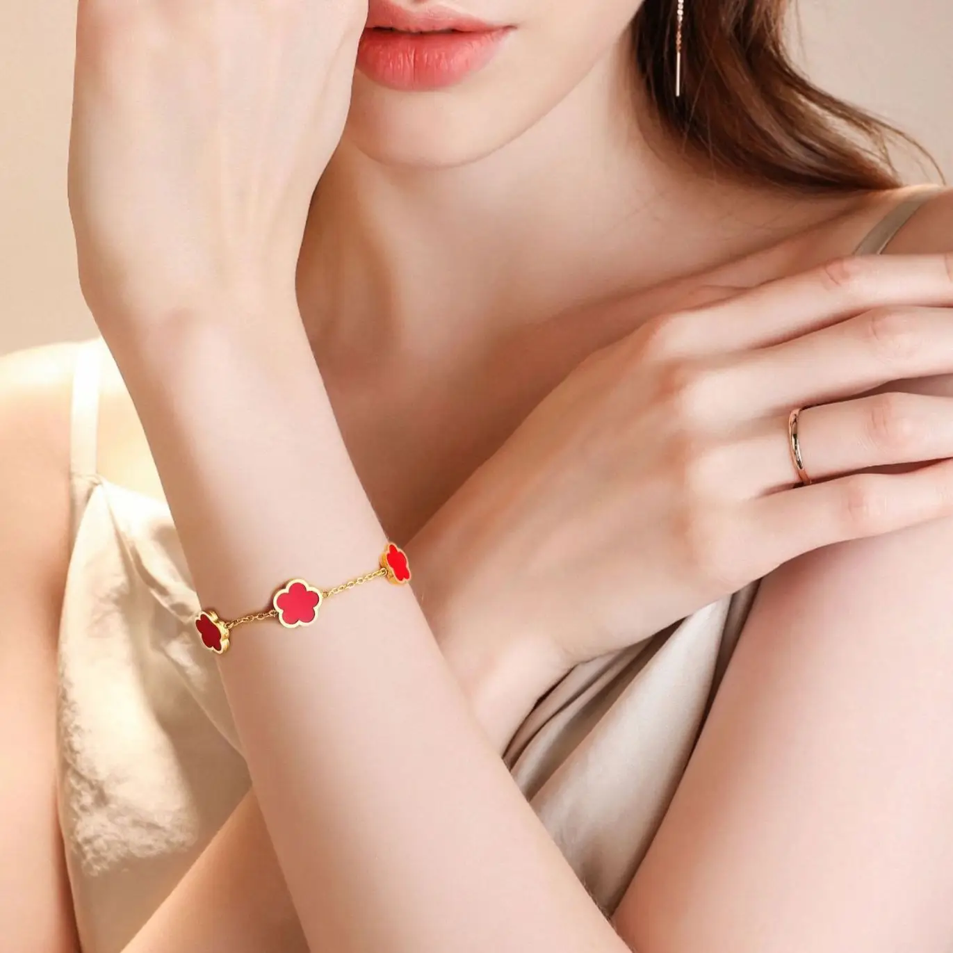 Women's Five-Leaf Clover Titanium Steel Bracelet with Plum Blossom Pendant