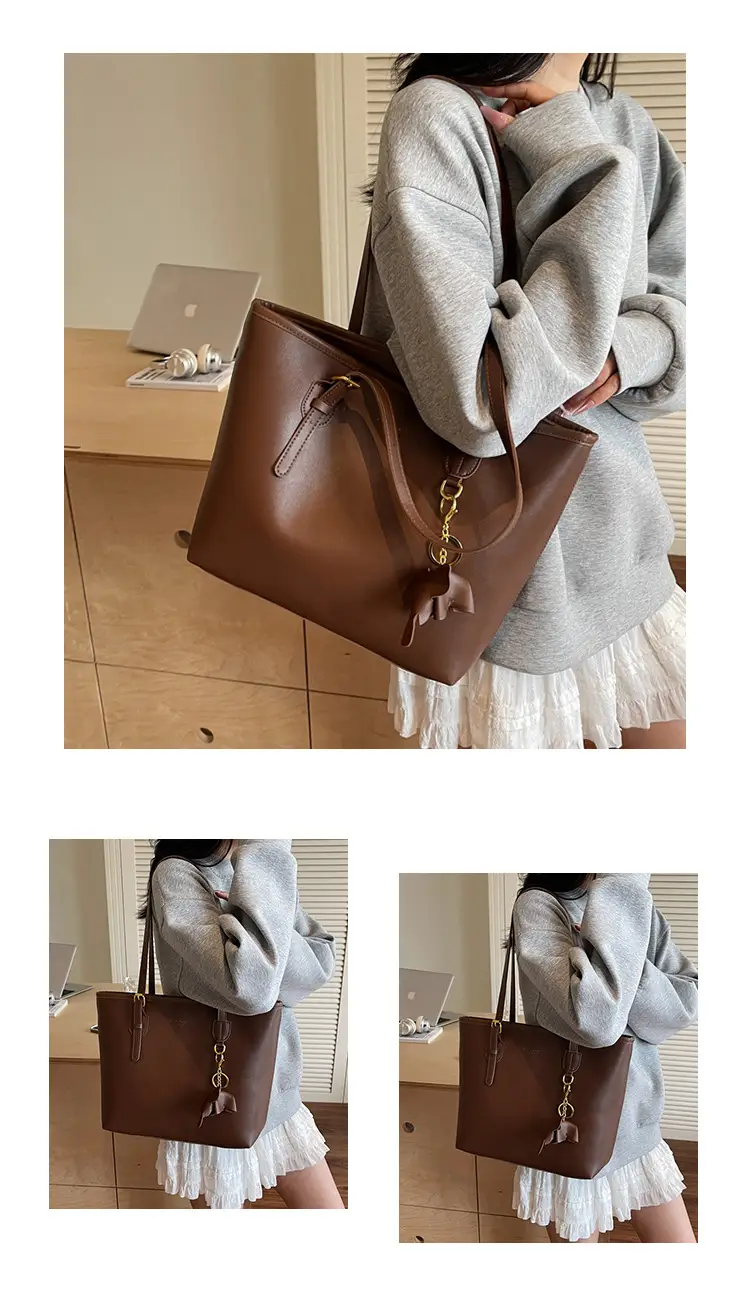 Large Capacity Women's Brown Leather Tote Bag with Gold Chain — feature 11