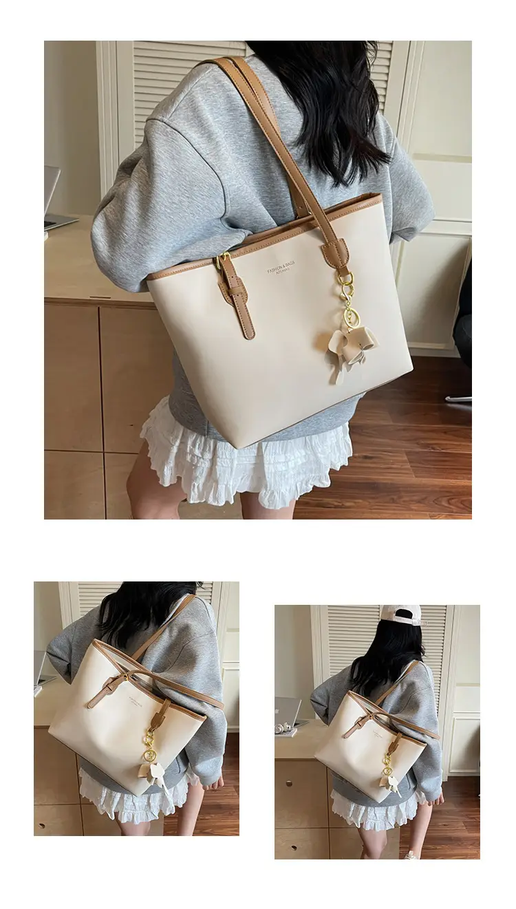 Large Capacity Women's Brown Leather Tote Bag with Gold Chain — feature 12
