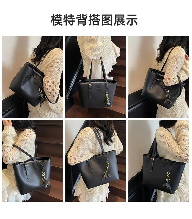 Large Capacity Women's Brown Leather Tote Bag with Gold Chain — feature 9