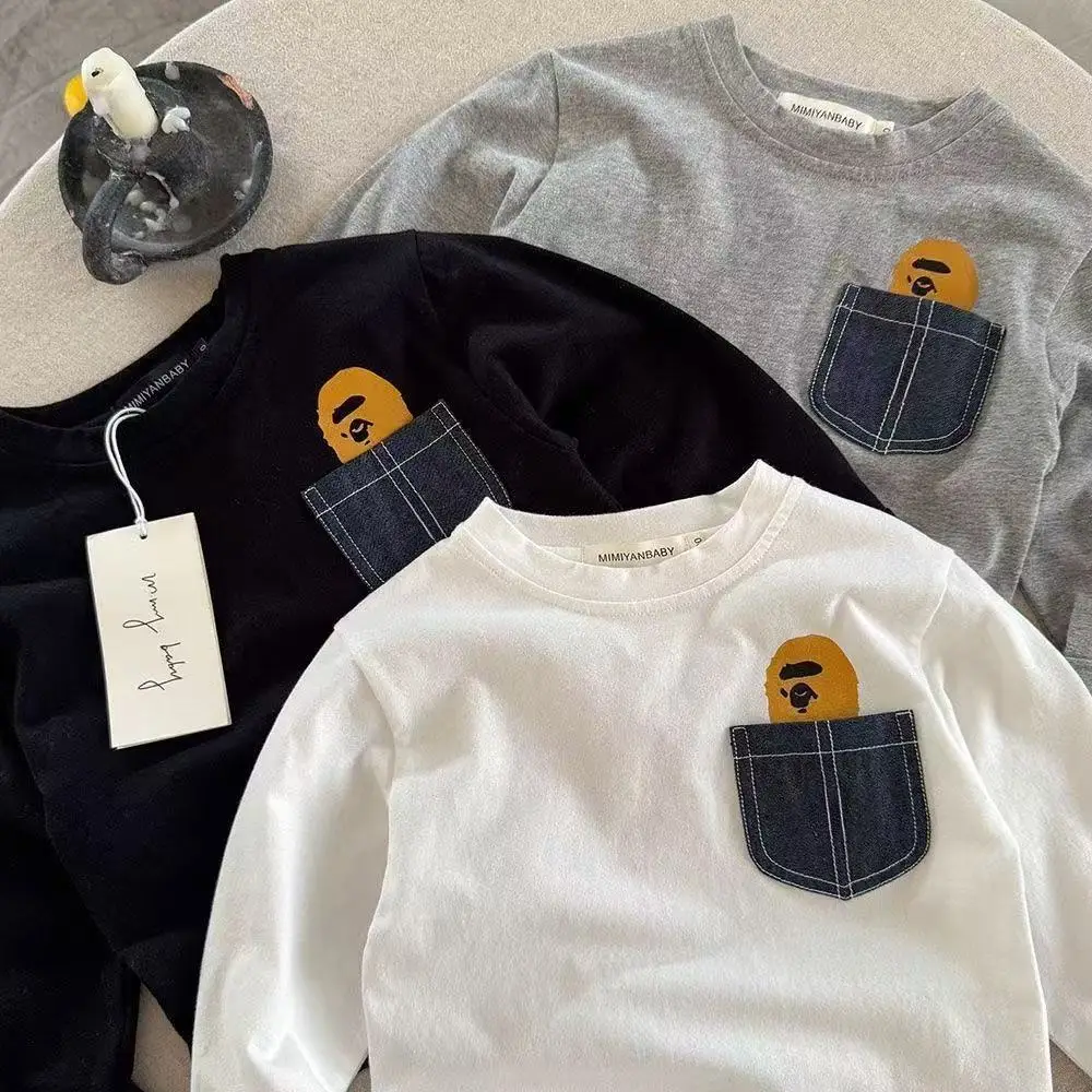 Children's White Pocket Long Sleeve T-Shirt with Cartoon Design - Image 4