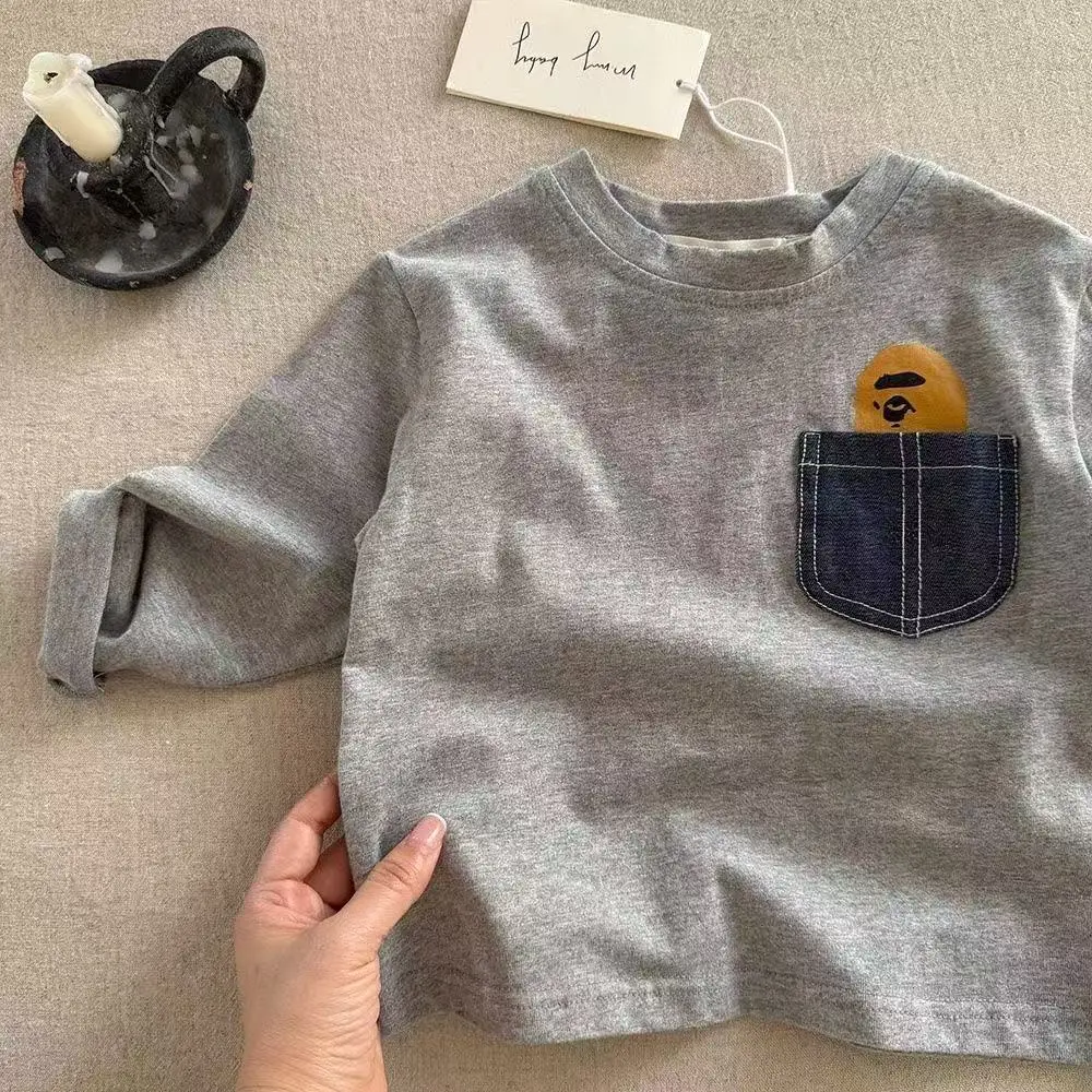 Children's White Pocket Long Sleeve T-Shirt with Cartoon Design - Image 5