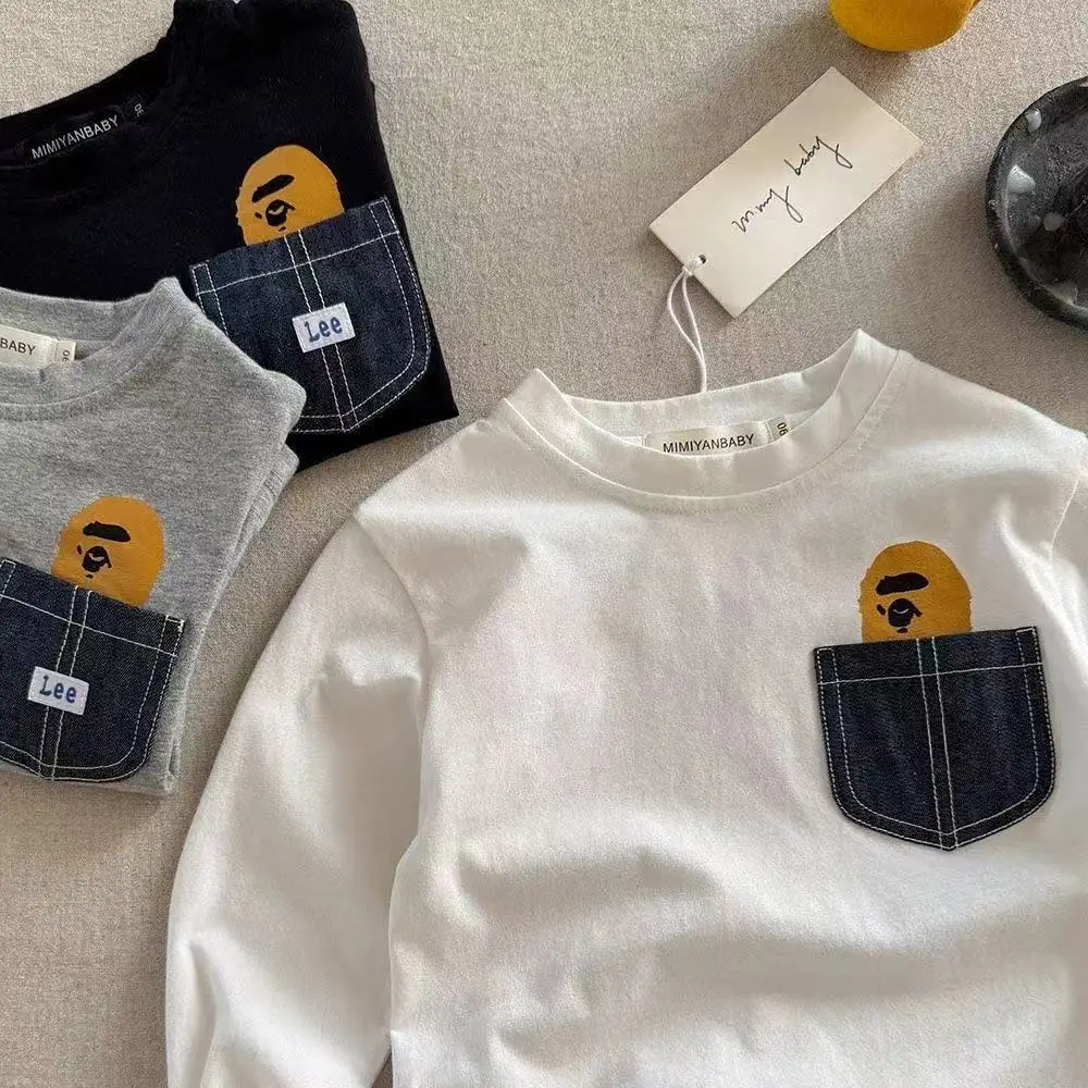 Children's White Pocket Long Sleeve T-Shirt with Cartoon Design - Image 7