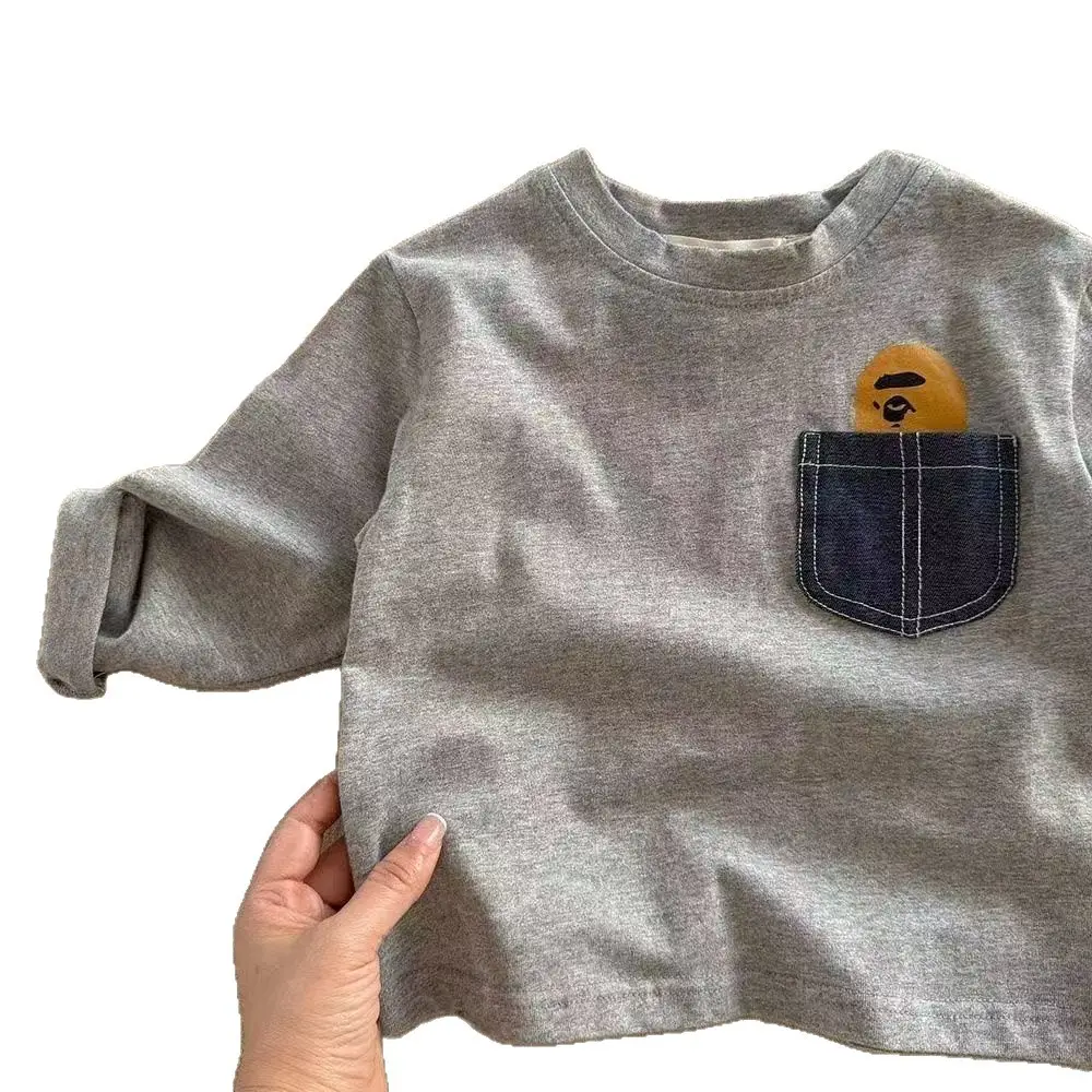 Children's White Pocket Long Sleeve T-Shirt with Cartoon Design - Image 8