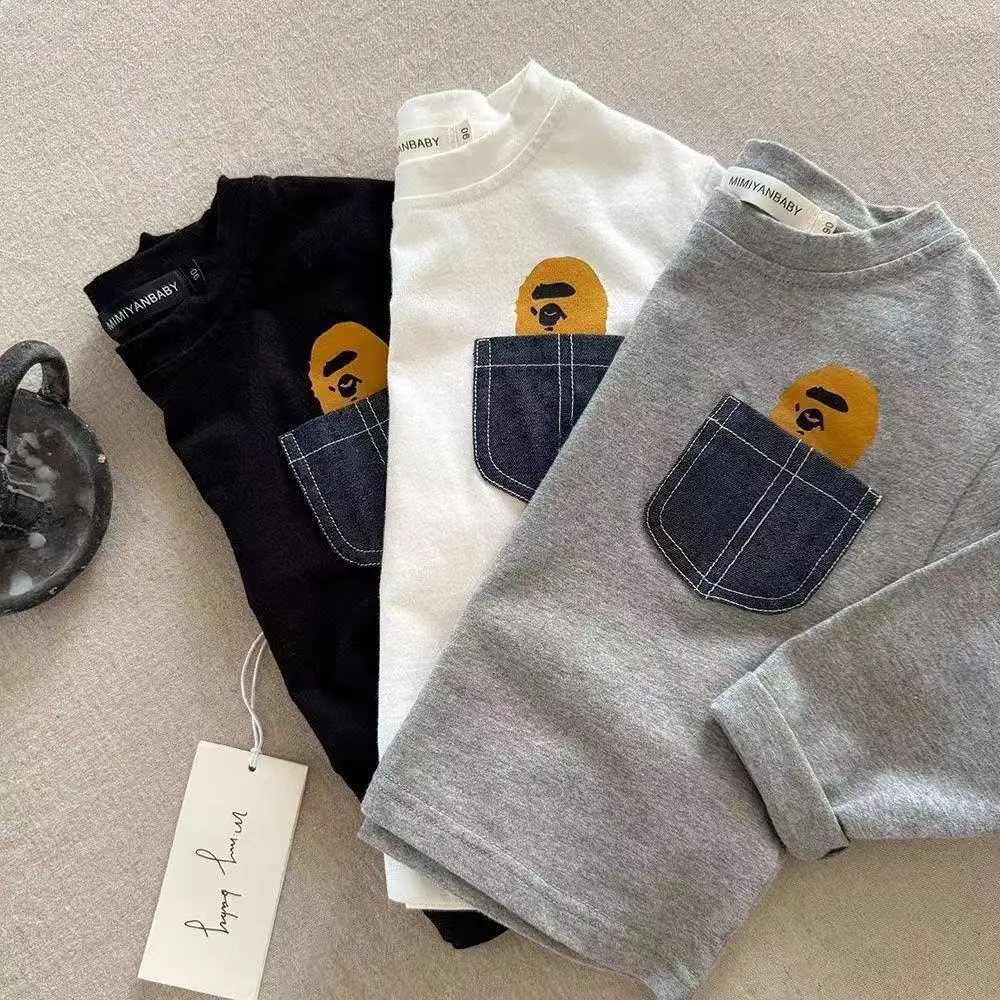 Children's White Pocket Long Sleeve T-Shirt with Cartoon Design — feature 1