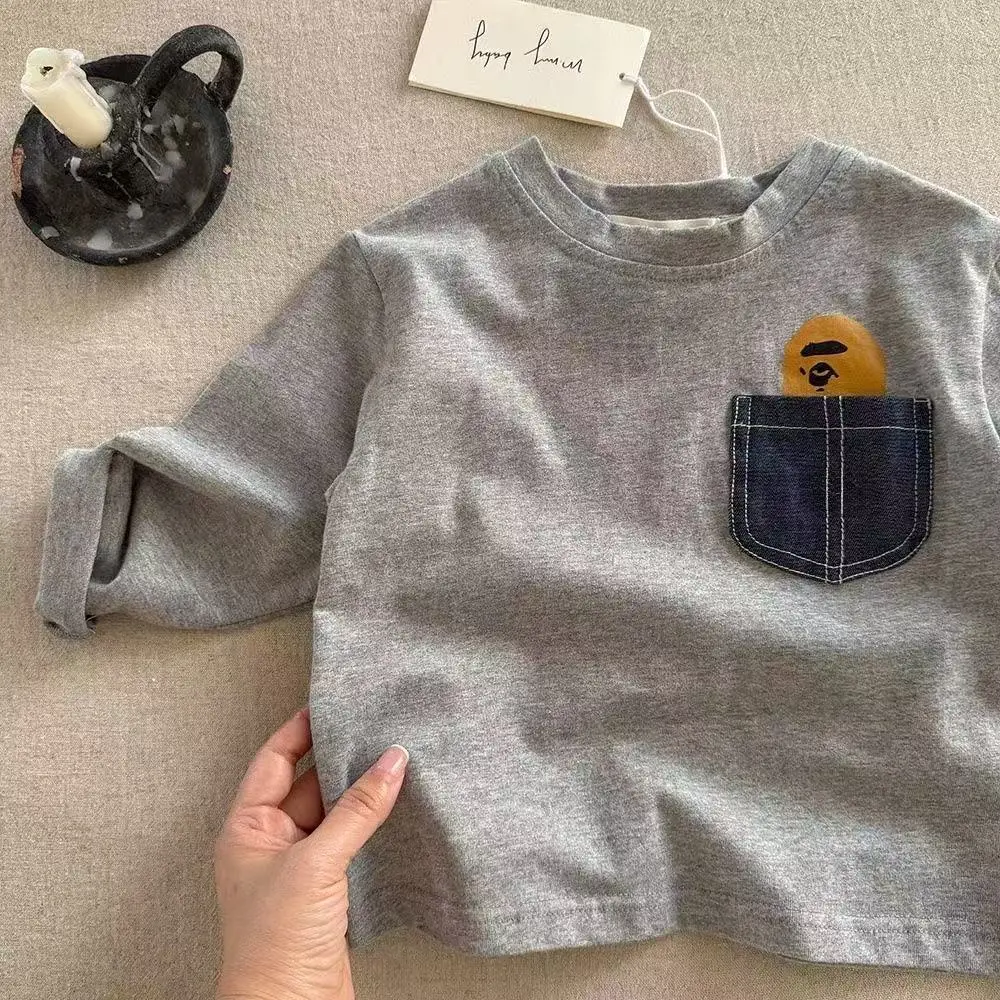 Children's White Pocket Long Sleeve T-Shirt with Cartoon Design — feature 5