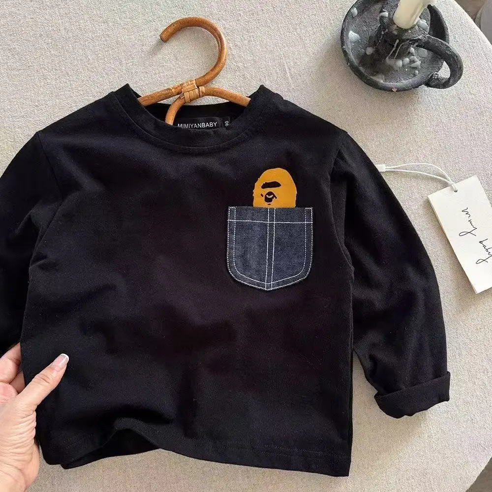 Children's White Pocket Long Sleeve T-Shirt with Cartoon Design - Image 3
