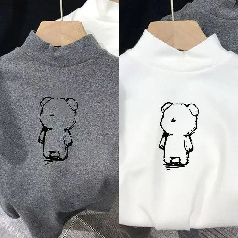 Kids Bear Print Long Sleeve T-Shirts White Black — feature 1
