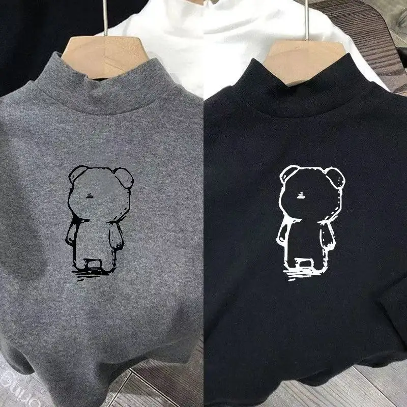 Kids Bear Print Long Sleeve T-Shirts White Black — feature 4