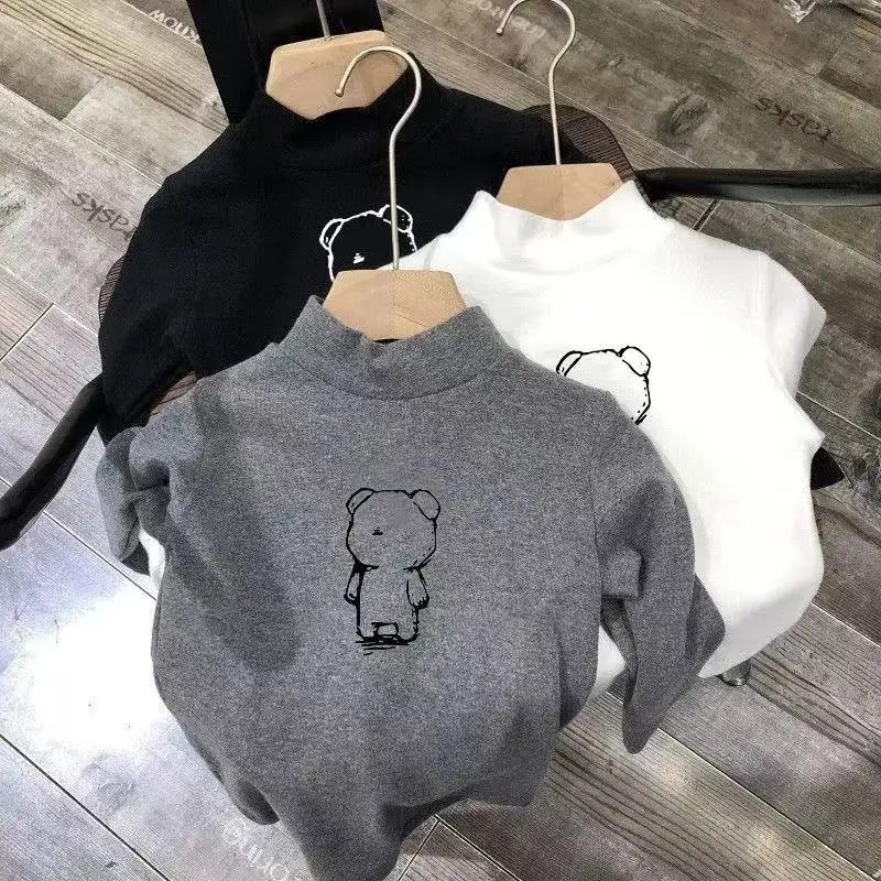 Kids Bear Print Long Sleeve T-Shirts White Black — feature 7