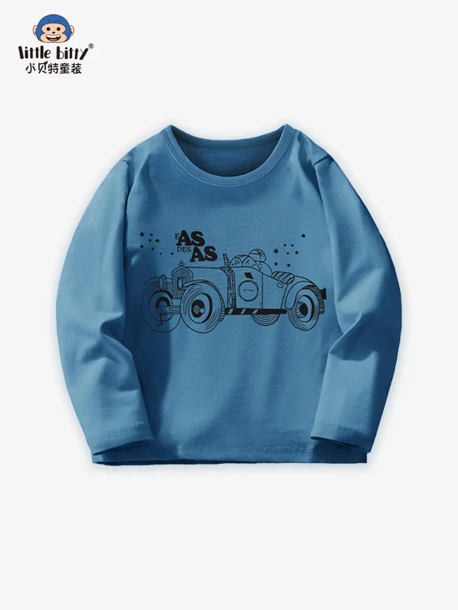 Blue Car Print Long Sleeve Kids T-Shirt Round Neck Cotton - Image 3
