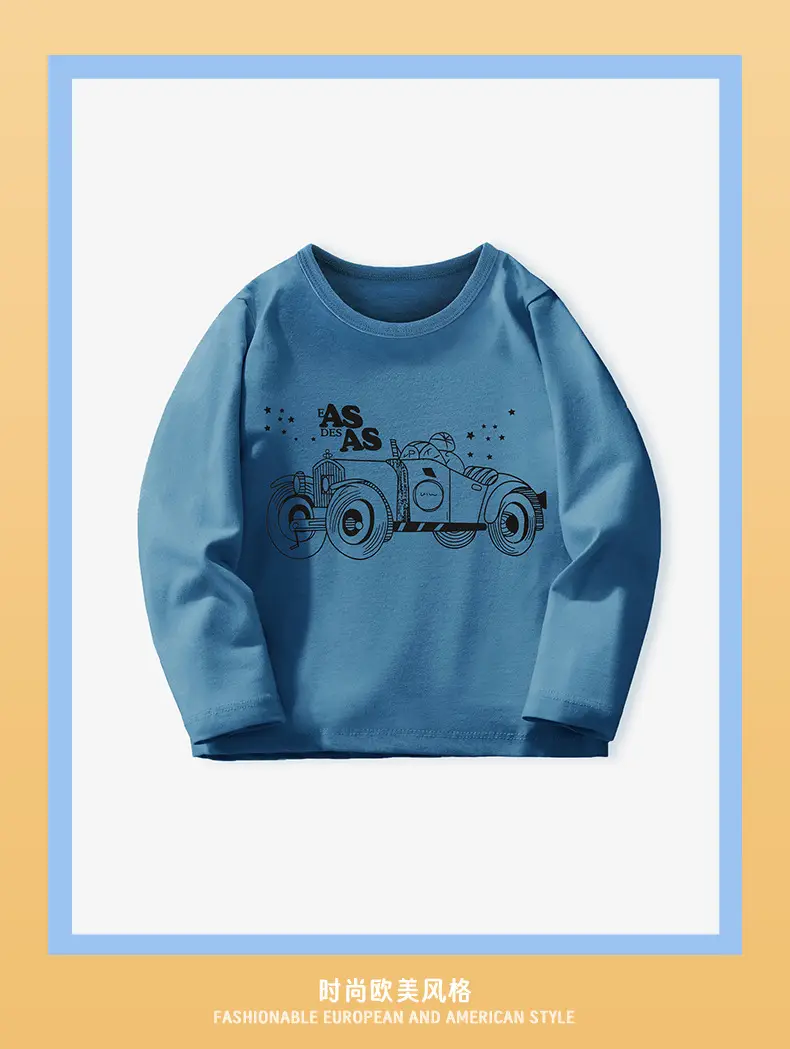 Blue Car Print Long Sleeve Kids T-Shirt Round Neck Cotton — feature 3