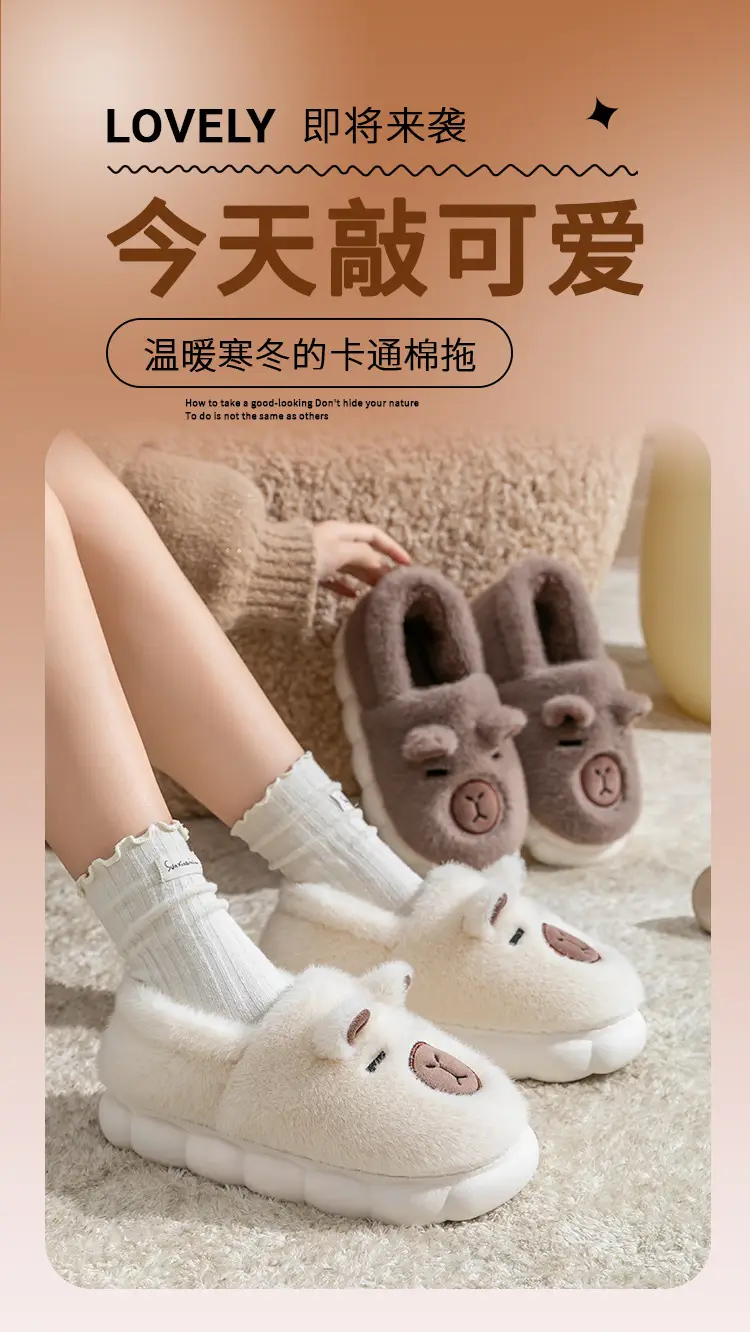 Women Cartoon Plush Slippers Brown Winter Warm — feature 1