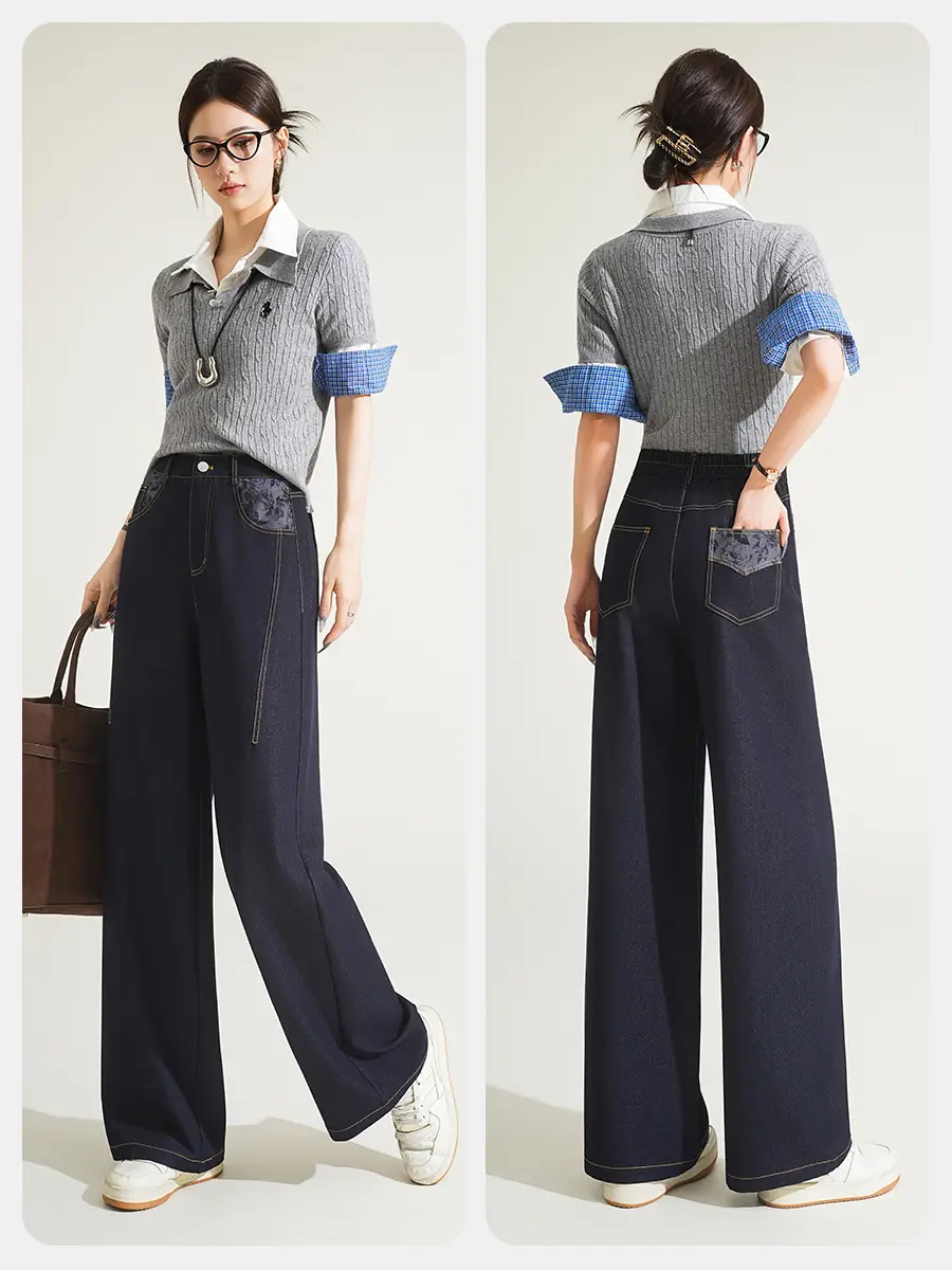 Fengyulan Printed Women's Jeans Dark Blue Retro Wide Leg Pants