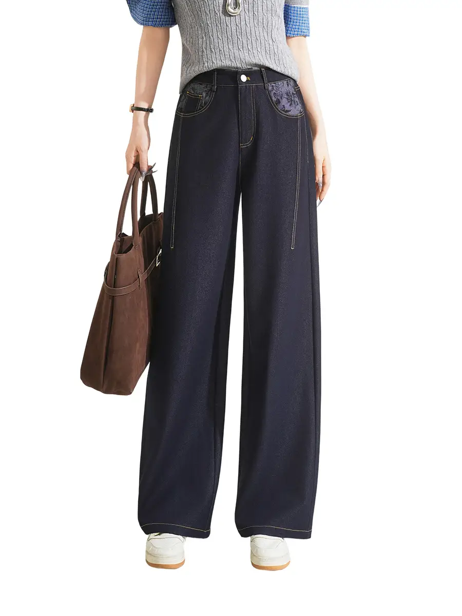 Fengyulan Printed Women's Jeans Dark Blue Retro Wide Leg Pants