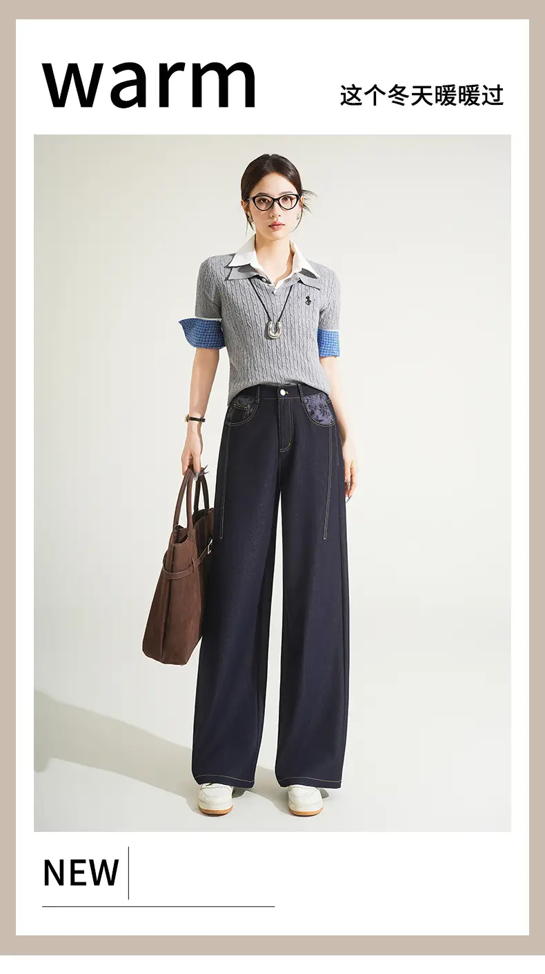 Fengyulan Printed Women's Jeans Dark Blue Retro Wide Leg Pants — feature 20