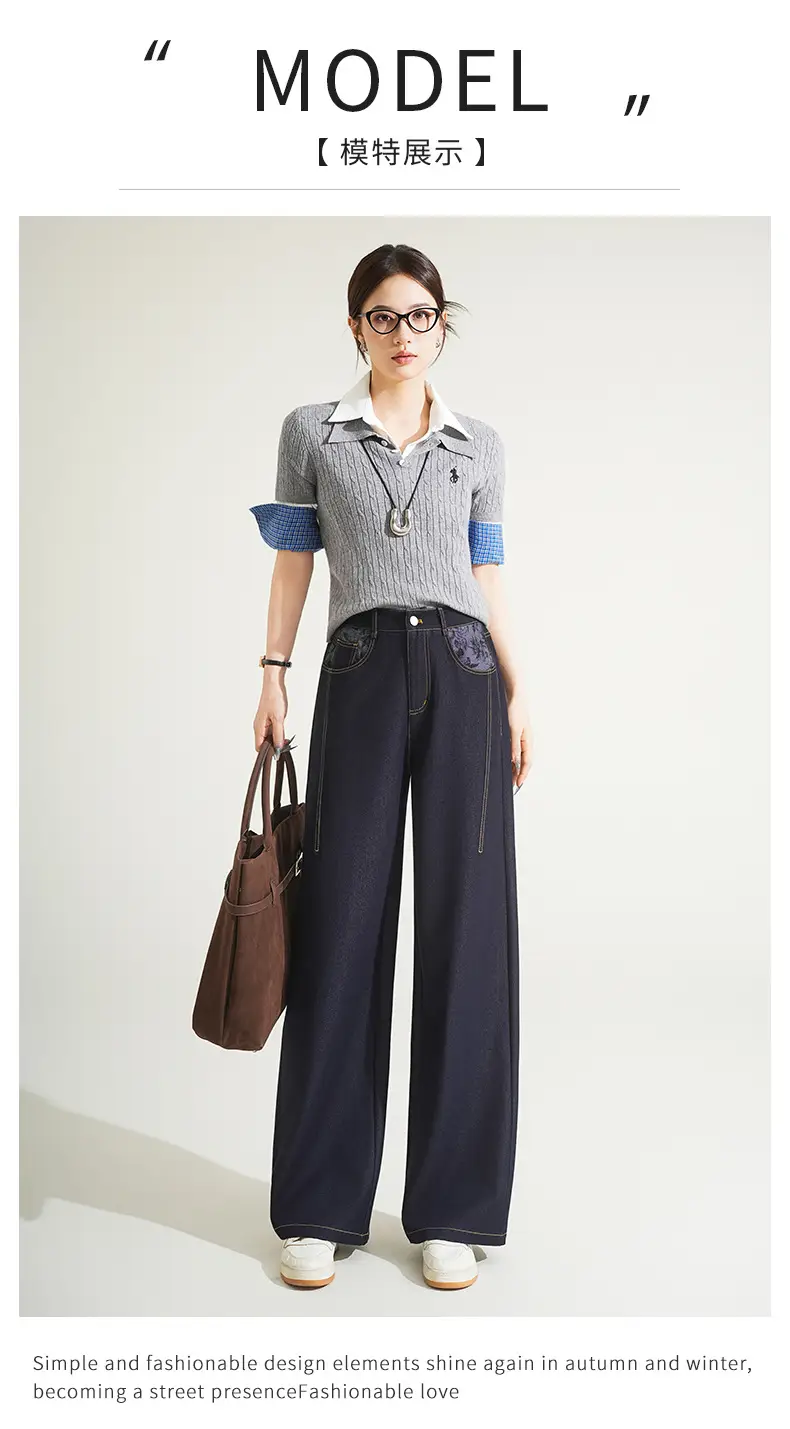 Fengyulan Printed Women's Jeans Dark Blue Retro Wide Leg Pants — feature 27
