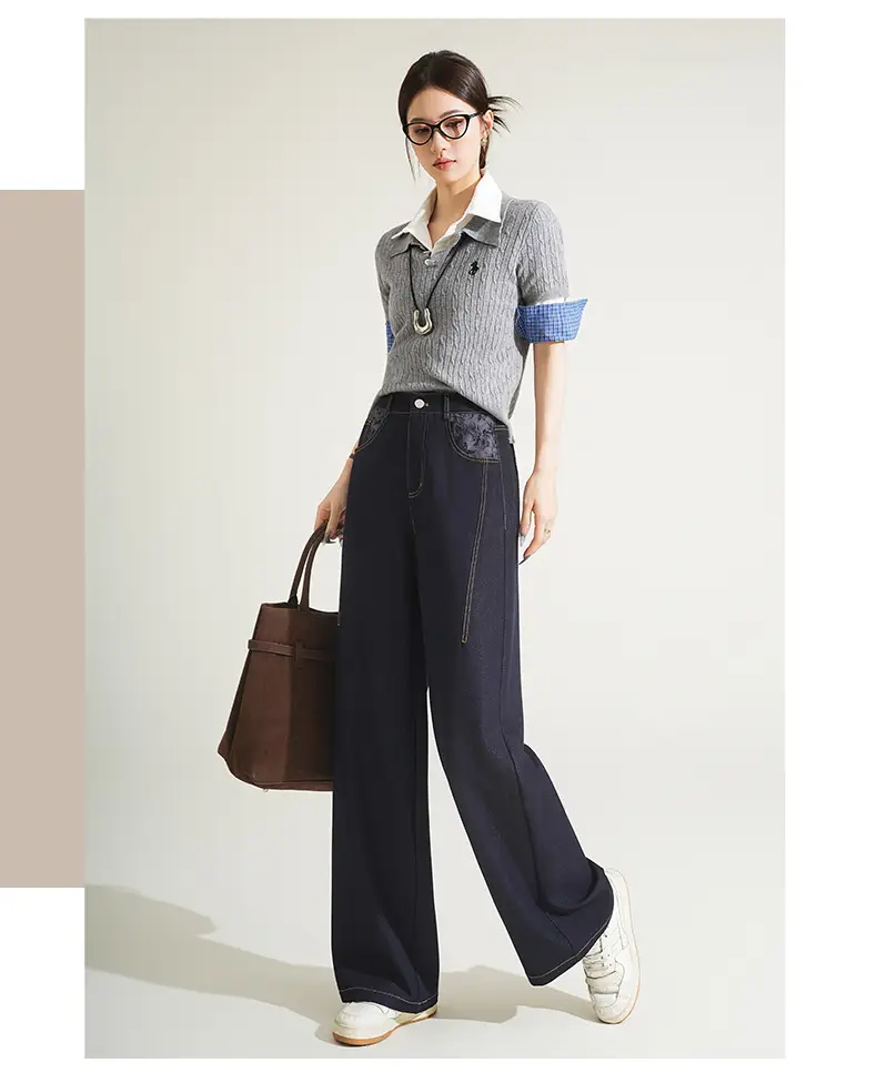 Fengyulan Printed Women's Jeans Dark Blue Retro Wide Leg Pants — feature 28