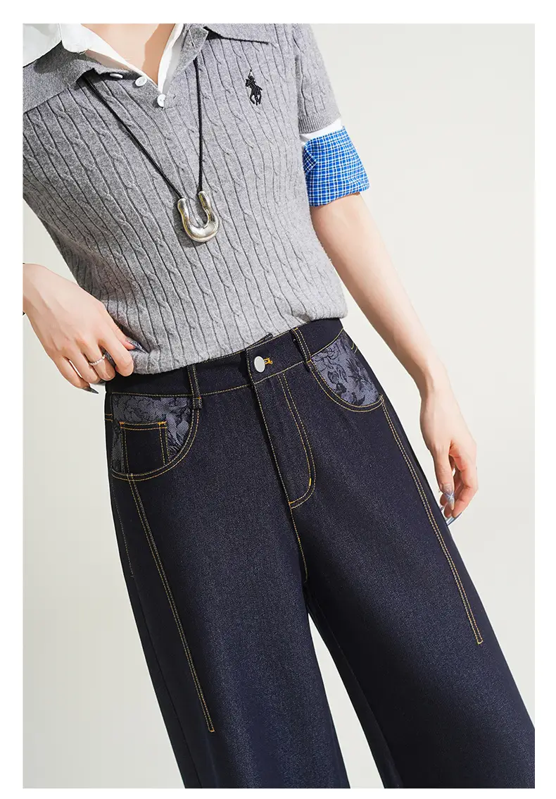 Fengyulan Printed Women's Jeans Dark Blue Retro Wide Leg Pants — feature 29