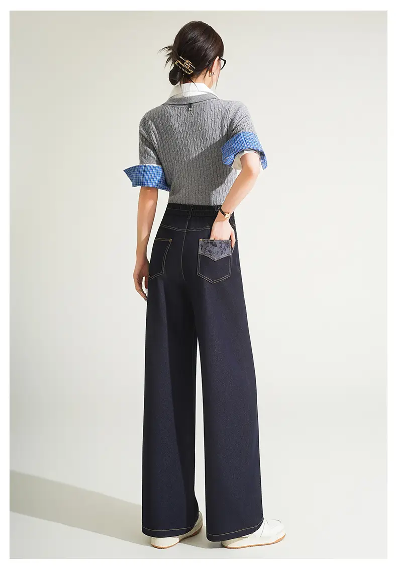 Fengyulan Printed Women's Jeans Dark Blue Retro Wide Leg Pants — feature 30