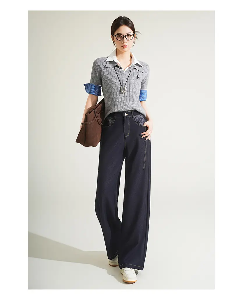 Fengyulan Printed Women's Jeans Dark Blue Retro Wide Leg Pants — feature 31
