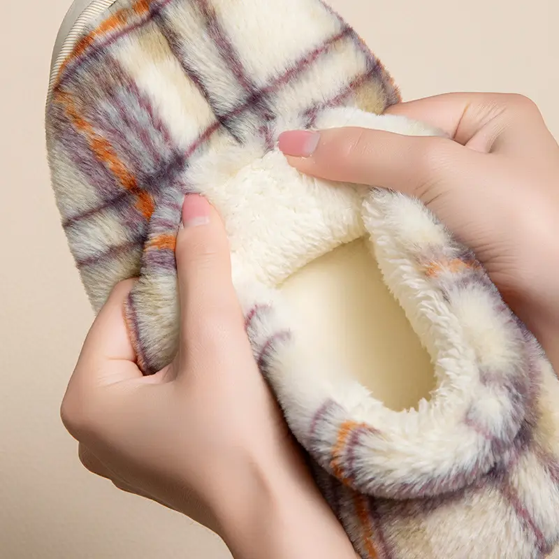 Winter Plush Cotton Heel Slippers for Women Brown Plaid