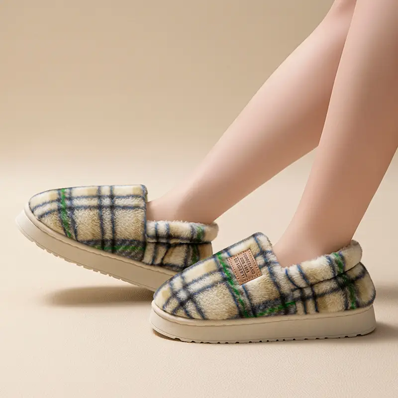 Winter Plush Cotton Heel Slippers for Women Brown Plaid