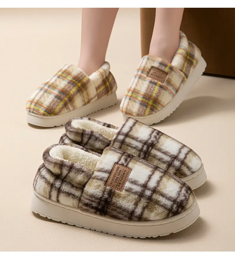 Winter Plush Cotton Heel Slippers for Women Brown Plaid — feature 13