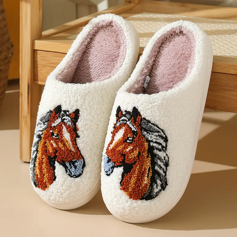 Cross-Border New Style Comfortable Home Warm Winter Cartoon Embroidered Horse Head Cotton Slippers for Men and Women Couples Indoor Cotton Slippers