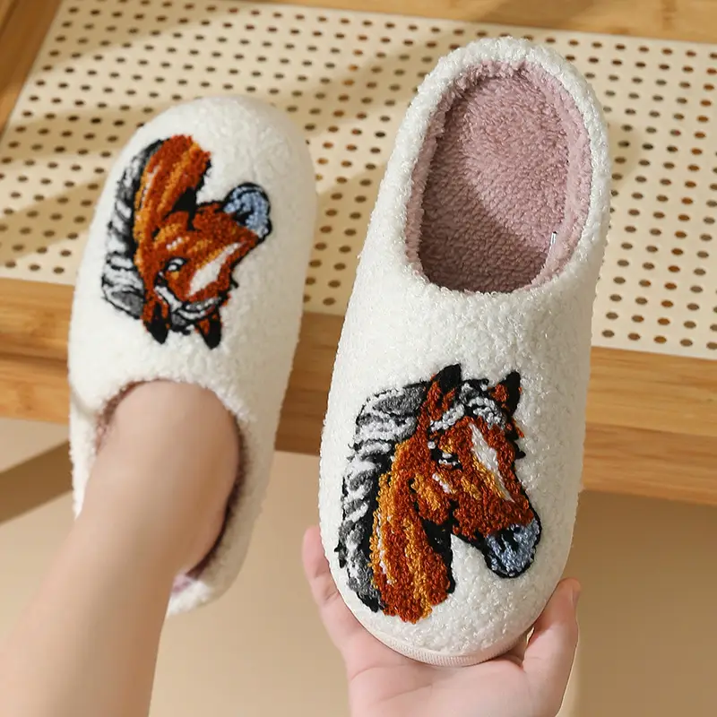 Cross-Border New Style Comfortable Home Warm Winter Cartoon Embroidered Horse Head Cotton Slippers for Men and Women Couples Indoor Cotton Slippers