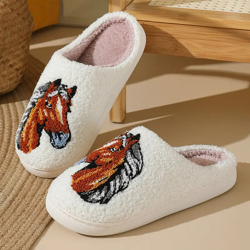 Cross-Border New Style Comfortable Home Warm Winter Cartoon Embroidered Horse Head Cotton Slippers for Men and Women Couples Indoor Cotton Slippers