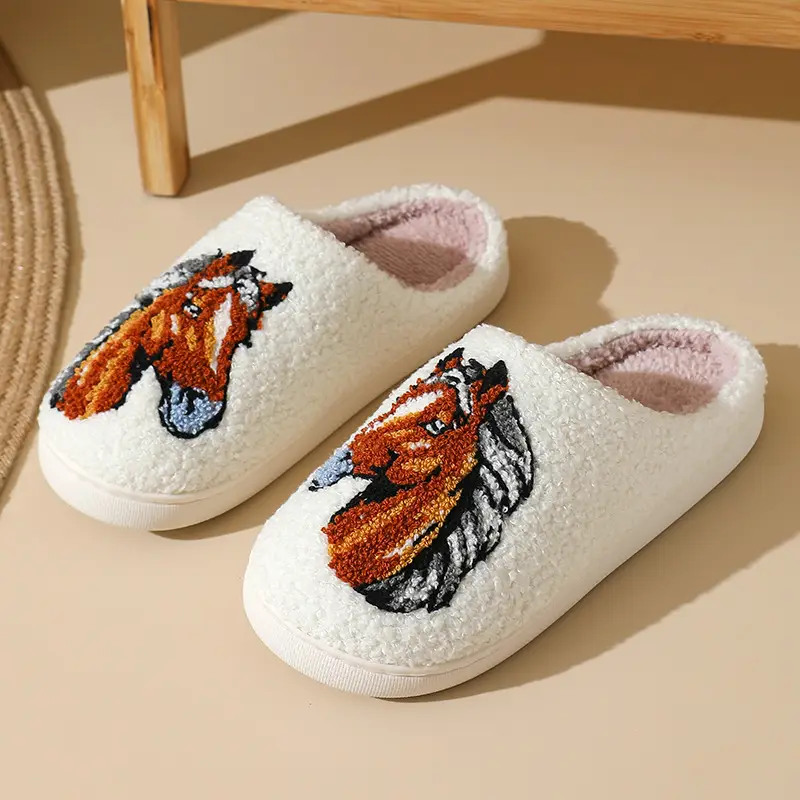 Cross-Border New Style Comfortable Home Warm Winter Cartoon Embroidered Horse Head Cotton Slippers for Men and Women Couples Indoor Cotton Slippers