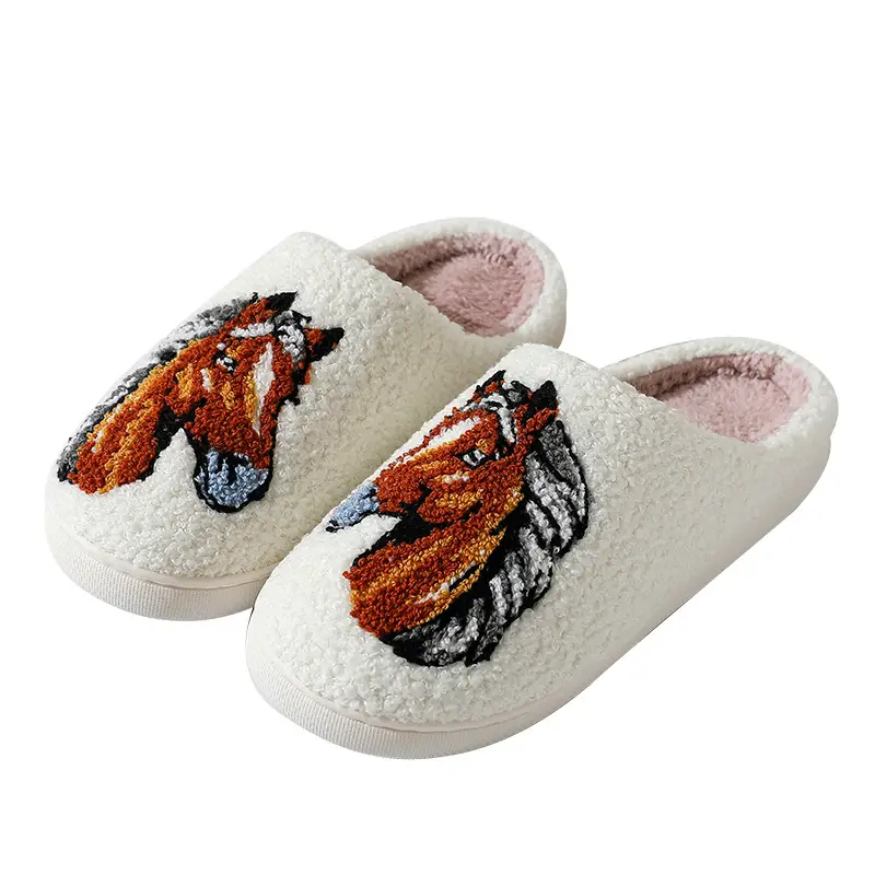 Cross-Border New Style Comfortable Home Warm Winter Cartoon Embroidered Horse Head Cotton Slippers for Men and Women Couples Indoor Cotton Slippers