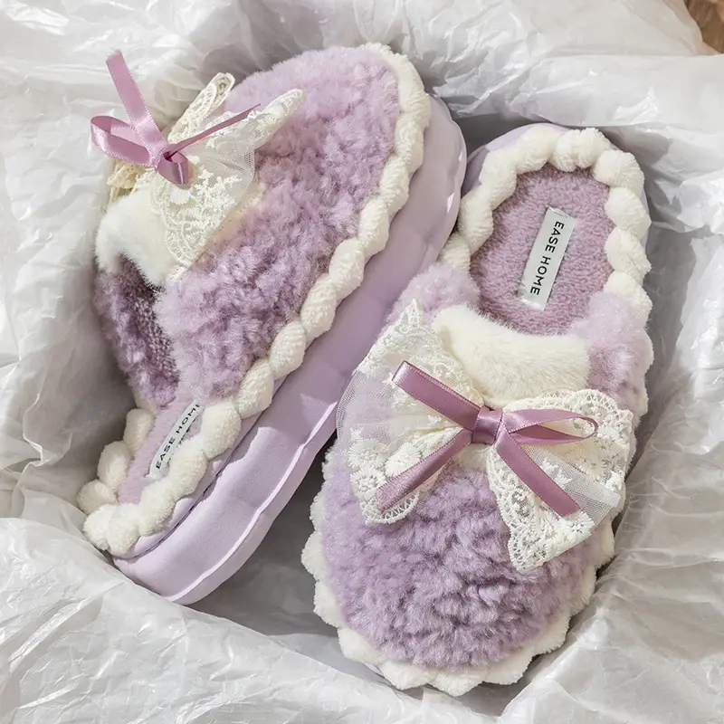 Women Winter Bow Cotton Slippers Warm Anti-Slip Indoor - Image 7