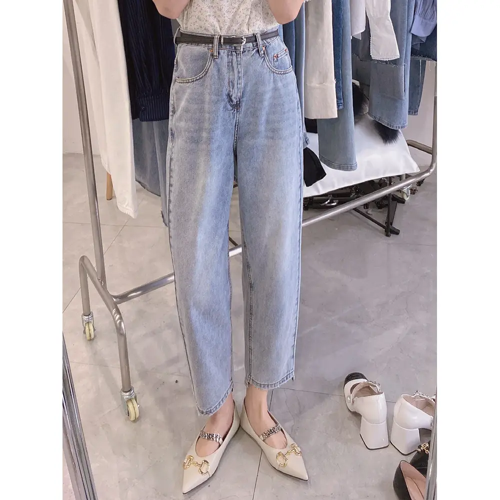 Korean Style Light Color Women's Thin Jeans with Belt - Image 2