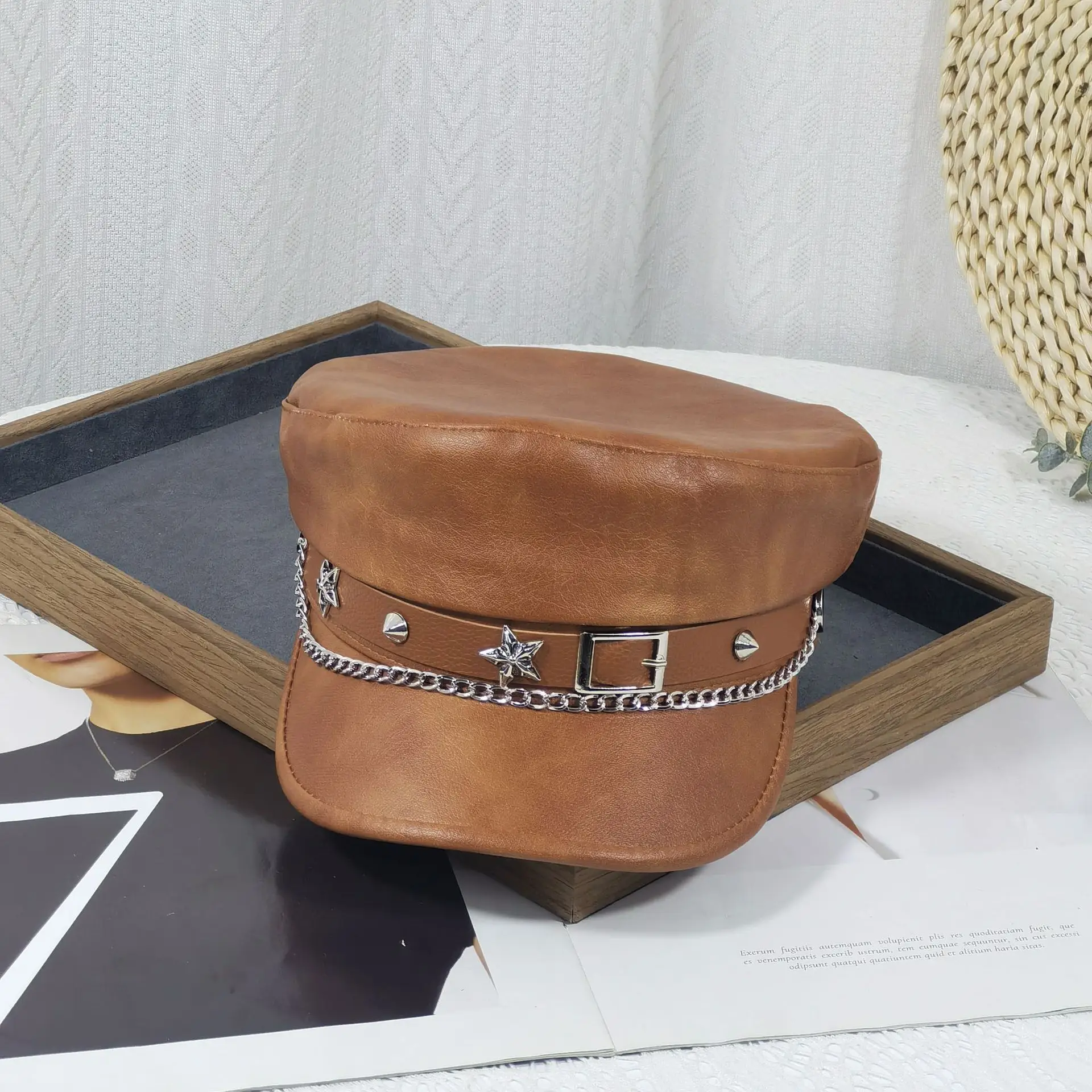 Women Punk Hat with Star Belt Buckle Flat Top - Image 7