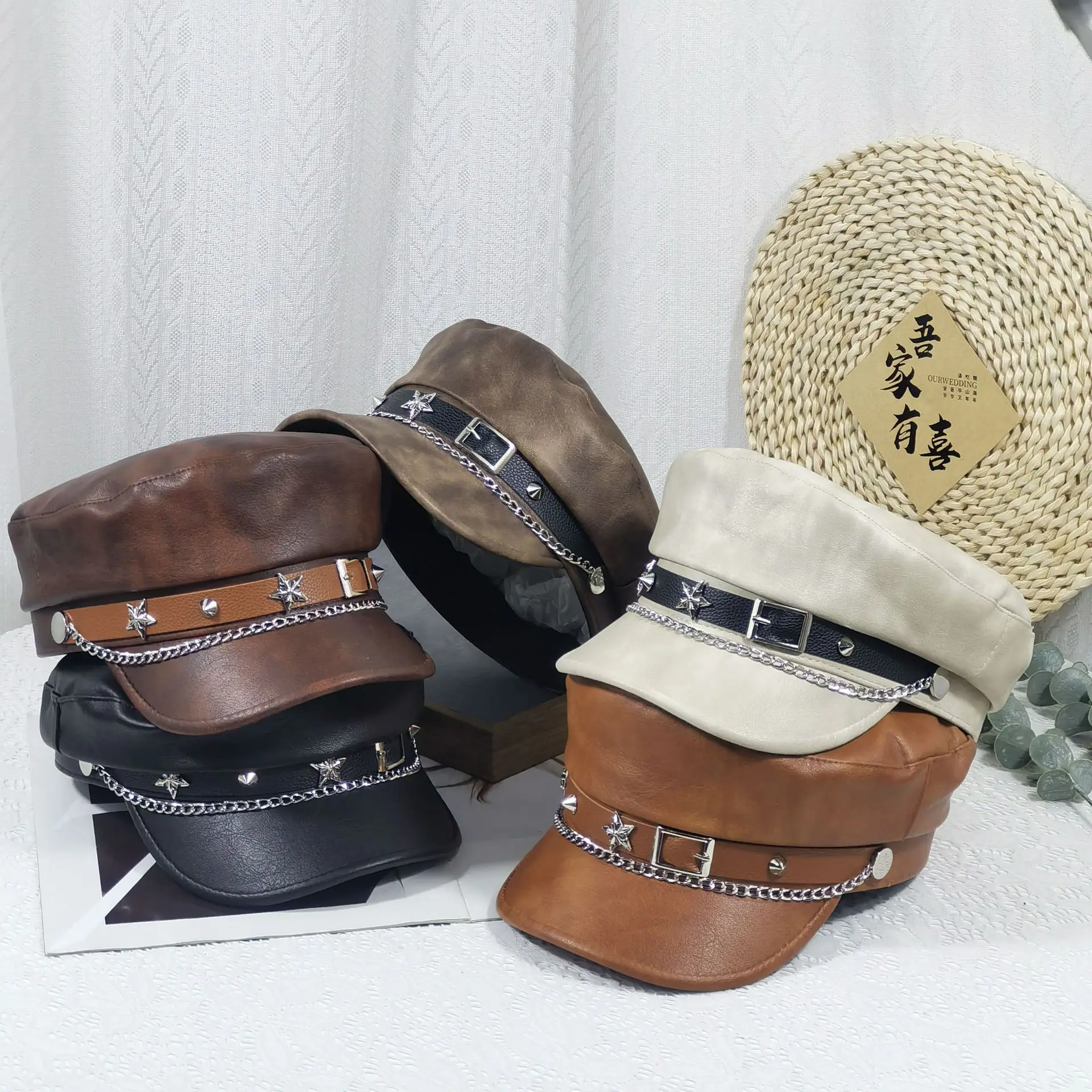 Women Punk Hat with Star Belt Buckle Flat Top - Image 9