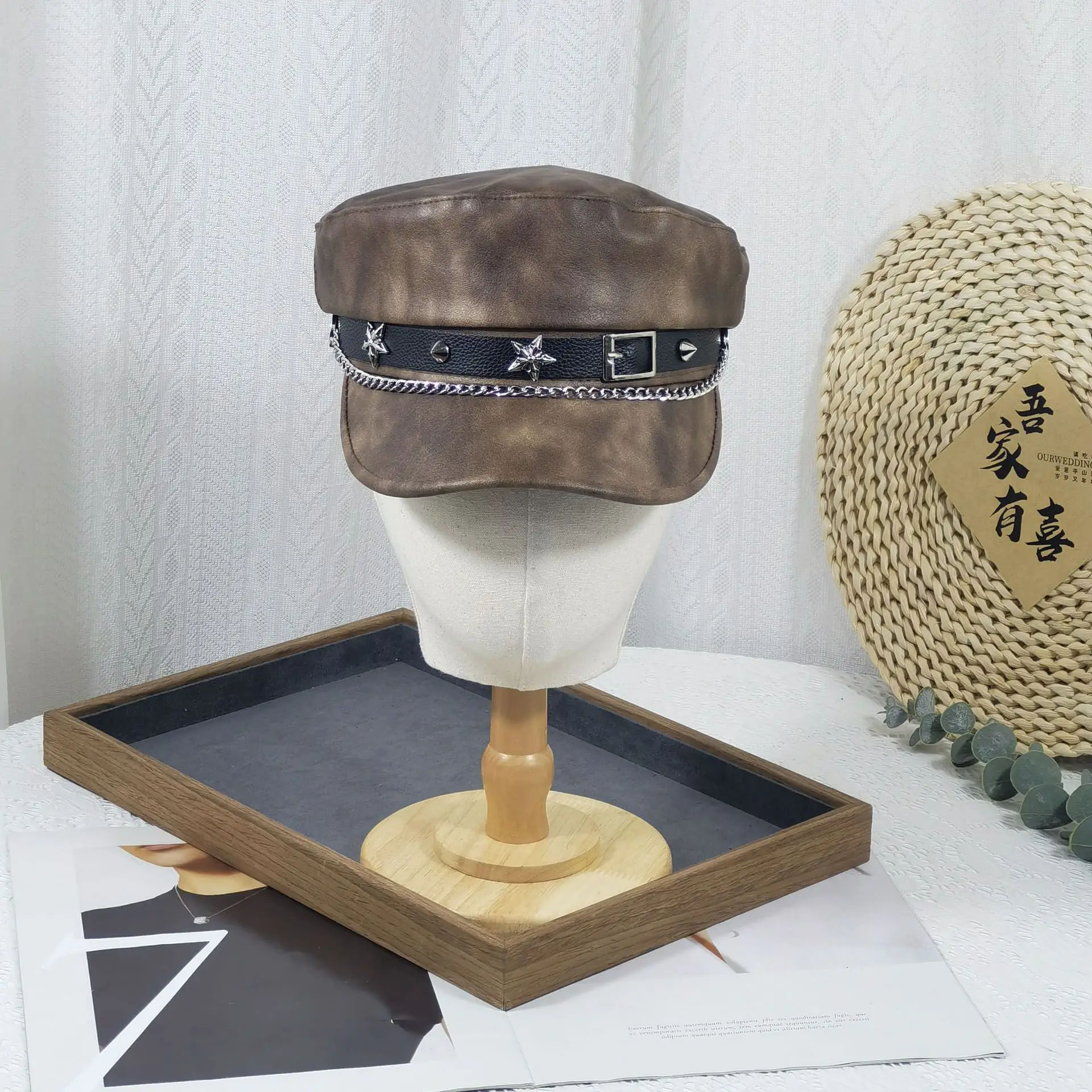 Women Punk Hat with Star Belt Buckle Flat Top - Image 2